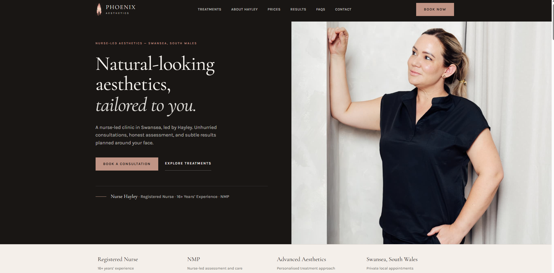 Phoenix Aesthetics homepage: a dark editorial hero reading 'Natural-looking aesthetics, tailored to you', with treatment navigation and a book-a-consultation button.