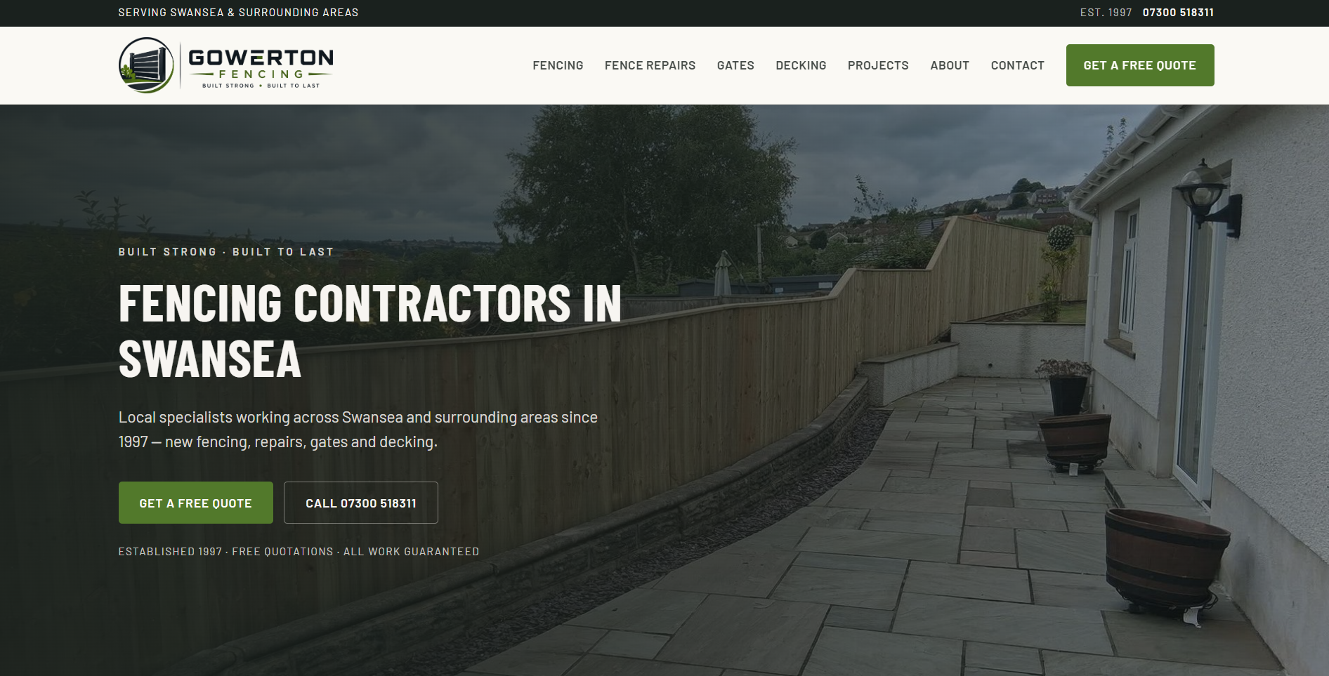 Gowerton Fencing homepage: a full-width photograph of a completed timber fence with the heading 'Fencing contractors in Swansea' and a get-a-free-quote button.